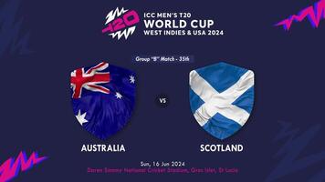 Australia y Escocia partido en icc de los hombres t20 Grillo Copa Mundial Oeste indies y unido estados 2024, introducción 3d representación video