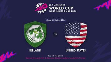Grillo Irlanda y Estados Unidos partido en icc de los hombres t20 Grillo Copa Mundial Oeste indies y unido estados 2024, introducción 3d representación video