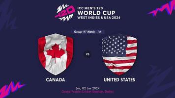 Canadá y Estados Unidos partido en icc de los hombres t20 Grillo Copa Mundial Oeste indies y unido estados 2024, introducción 3d representación video