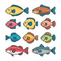 colección de mano dibujado linda peces en plano estilo. peces cuerpo íconos grande colocar. ilustración para icono, logo, imprimir, icono, tarjeta, emblema, etiqueta. acuario. vector