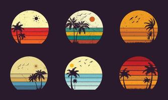 Collection of retro sunsets in the style of the 80-90s. Abstract background with a sunny gradient. Design template for icons, banners, prints. Isolated dark background with grunge effects. vector