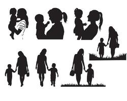 Mon and Son or Mother and Son Black Silhouettes illustration. Happy Mother's Day concept vector