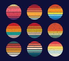 Retro sunset, abstract 80s style grunge striped sunsets symbols for sunshine t-shirt print vector