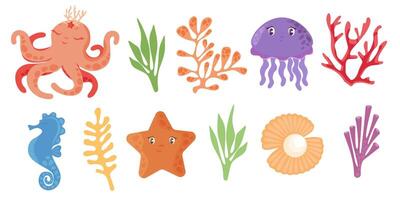 Set of isolated baby sea animals, octopus jellyfish, starfish, seahorses with algae, underwater plants and corals on a white background. For children's parties. vector