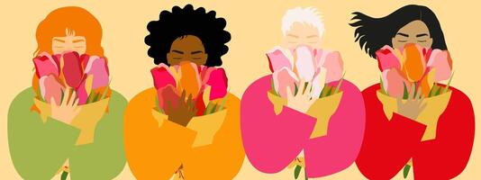 Group of different abstract women of different races with a bouquet of colorful tulips. Colorful minimalistic illustration for greeting cards and banners for Happy Women's Day, birthday. vector