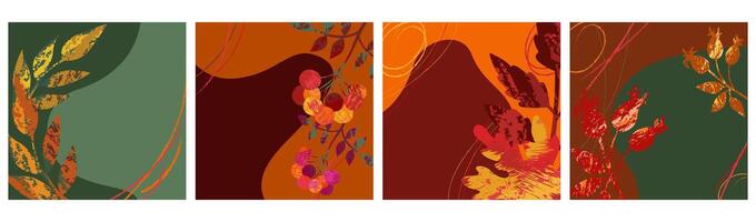 Set of autumn colorful posters with bright texture, maple leaves and rowan berries. Collection of posters for atmospheric holiday cards, banners, autumn festival templates. vector