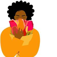Young dark-skinned woman with a bouquet of blooming tulips. Bright minimalistic illustration in flat style for birthday greetings, women's day, Valentine's day. For printing postcards and posters. vector