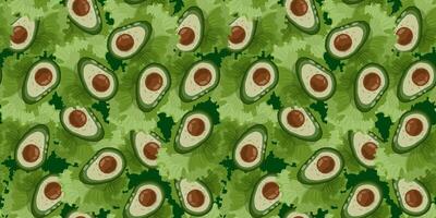 Appetizing seamless pattern with avocado and green salad leaves. Floral endless print for printing on fabric, wrapping paper, covers. Vegetarianism and healthy eating. vector