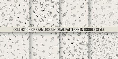 Collection of seamless hand drawn patterns in doodle style. monochrome drawing backgrounds. Fun creative fabric prints vector