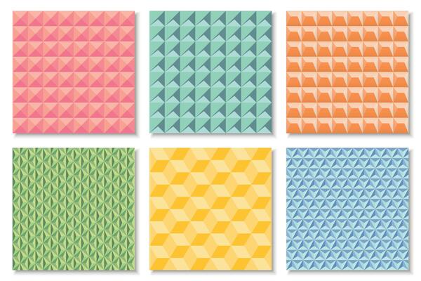 Collection of color seamless geometric patterns. Repeatable bright fashion backgrounds. Decorative endless 3d tile textures