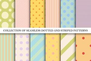 Collection of cute colorful geometric seamless patterns. Simple dotted and striped textures - repeatable unusual bright backgrounds. Textile endless prints vector