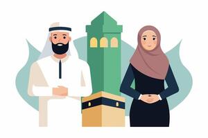 A dignified man and woman dressed in traditional Hajj attire vector