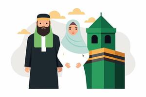 A dignified man and woman dressed in traditional Hajj attire vector