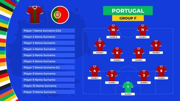 T-shirt and flag. Lineup of the Portugal national football team. Football field with the formation of Portugal players at the European tournament 2024. vector