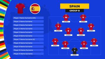 póngase en fila de el España nacional fútbol americano equipo. camiseta y bandera. fútbol americano campo con el formación de España jugadores a el europeo torneo 2024. ilustración. vector