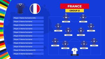 T-shirt and flag. Lineup of the France national football team. Football field with the formation of France players at the European tournament 2024. vector