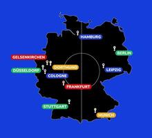 European national teams football competitions Map of Germany indicating major cities and their connections on dark blue. Cities of the country Germany hosting matches of the football tournament among. vector