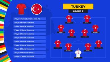 T-shirt and flag. Lineup of the Turkey national football team. Football field with the formation of Turkey players at the European tournament 2024. vector