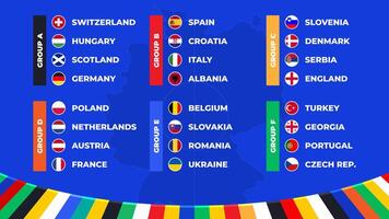 Football 2024 Group Stage of the European football tournament in Germany. Final draw. National flags European soccer teams. vector