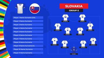 T-shirt and flag. Lineup of the Slovakia national football team. Football field with the formation of Slovakia players at the European tournament 2024. vector