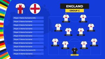 póngase en fila de el Inglaterra nacional fútbol americano equipo. camiseta y bandera. fútbol americano campo con el formación de Inglaterra jugadores a el europeo torneo 2024. vector