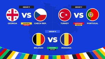 partido cronograma. grupo F y mi partidos de el europeo fútbol americano torneo en Alemania 2024 grupo etapa de europeo fútbol competencia vector