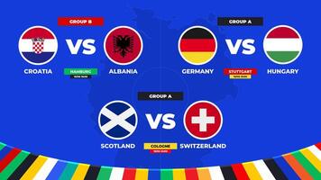 Match schedule. Group A and B matches of the European football tournament in Germany 2024 Group stage of European soccer competition vector