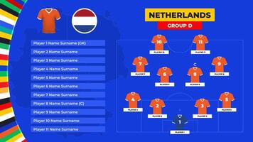 T-shirt and flag. Lineup of the Netherlands national football team. Football field with the formation of Netherlands players at the European tournament 2024. vector