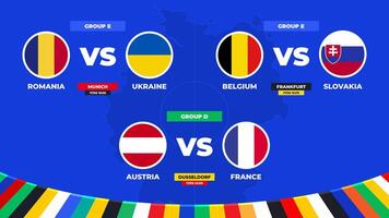 partido cronograma. grupo re y mi partidos de el europeo fútbol americano torneo en Alemania 2024 grupo etapa de europeo fútbol competencia vector