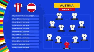 T-shirt and flag. Lineup of the Austria national football team. Football field with the formation of Austria players at the European tournament 2024. vector