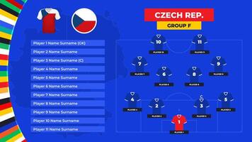 T-shirt and flag. Lineup of the Czech Republic national football team. Football field with the formation of Czech players at the European tournament 2024. vector