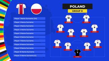 T-shirt and flag. Lineup of the Poland national football team. Football field with the formation of Poland players at the European tournament 2024. vector