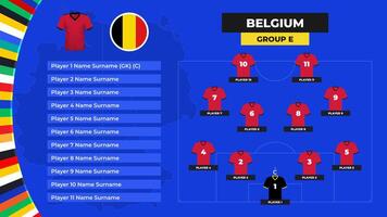 T-shirt and flag. Lineup of the Belgium national football team. Football field with the formation of Belgium players at the European tournament 2024. vector