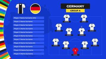 Lineup of the German national football team. T-shirt and flag. Football field with the formation of Germany players at the European tournament 2024. vector