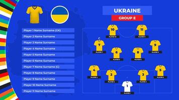 T-shirt and flag. Lineup of the Ukraine national football team. Football field with the formation of Ukraine players at the European tournament 2024. vector