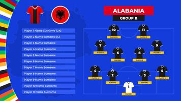 póngase en fila de el Albania nacional fútbol americano equipo. camiseta y bandera. fútbol americano campo con el formación de Albania jugadores a el europeo torneo 2024. vector