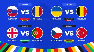 partido cronograma. grupo mi y F partidos de el europeo fútbol americano torneo en Alemania 2024 grupo etapa de europeo fútbol competencia vector