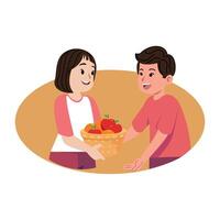 mujer y hombre con un cesta de frutas ilustración en dibujos animados estilo. compartiendo ilustración. un chico Comparte Fruta con un muchacha. diseño elementos de empatía y simpatía vector