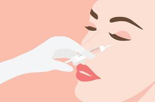 Doctor in medical gloves with serum syringe injects filler to eye of woman illustration. Plastic, aesthetic cosmetology beauty treatment concept vector