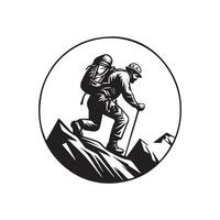 silueta diseño de un aventurero alpinismo un rocoso montaña. vector