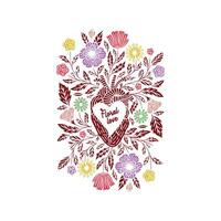 Floral Love Print, Symmetrical Botanical Heart with floral elements, Decorative element for Valentine's day cards, illustration of colorful flowers in heart shape, Floral in hear t shirt design, vector