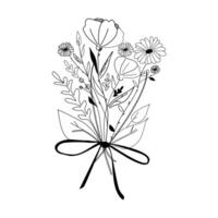 Line Art Flowers Bouquet Print, Simple drawing in black outline, Bouquet wildflowers isolated white background, Hand drawn wildflowers meadow black and white, Flower art drawing with abstract shape vector