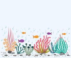 submarino mundo escena, Oceano piso marina vida antecedentes. submarino con corales, peces y algas marinas, mar abajo, fondo del mar ilustración. vector