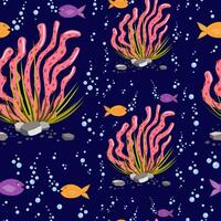 Hand drawn underwater natural elements. Coral reef seamless pattern. Vivid corals and swimming tropical fishes on dark blue background. Undersea bottom texture. vector