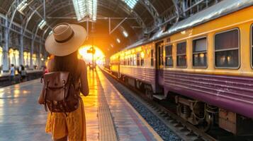 A woman wearing a straw hat and wear dress is standing on a train platform photo