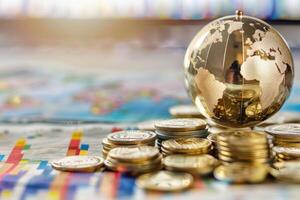 A gold coin sits on top of a pile of pennies and a globe photo