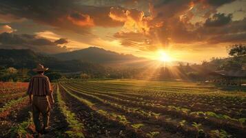 A man stands in a field of crops with the sun shining on him photo