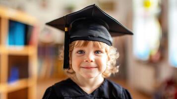 A young child wearing a black graduation cap and gown is smiling photo