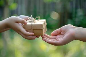 A person is holding a brown box with a string tied around it photo