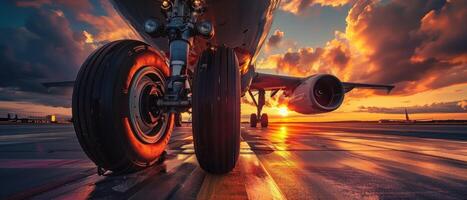 A large jet is on the runway with the sun setting in the background photo